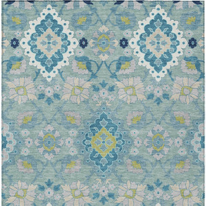10' X 14' Teal Blue Green And Ivory Oriental Washable Indoor Outdoor Area Rug - Teal Blue, Green, Ivory
