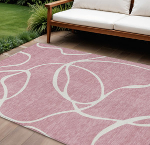 10' X 14' Pink And Ivory Abstract Washable Indoor Outdoor Area Rug - 608219116729