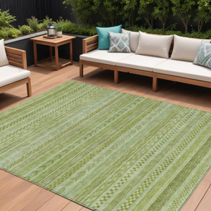 9' X 12' Fern Green And Sage Striped Washable Indoor Outdoor Area Rug