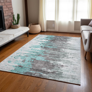 10' X 14' Teal Blue Charcoal And Silver Abstract Washable Indoor Outdoor Area Rug