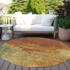 8' Terra Cotta Copper And Green Round Abstract Washable Indoor Outdoor Area Rug