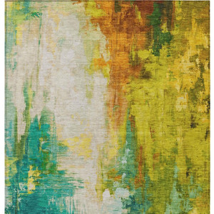 10' X 14' Green And Gold Abstract Washable Indoor Outdoor Area Rug