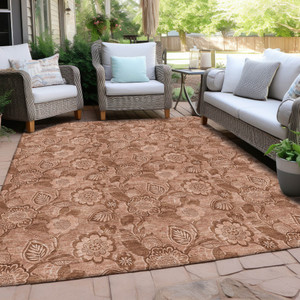 8' X 10' Terra Cotta And Copper Floral Washable Indoor Outdoor Area Rug