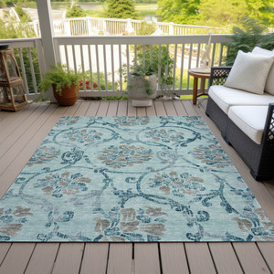 9' X 12' Teal Blue Gray And Aqua Floral Washable Indoor Outdoor Area Rug