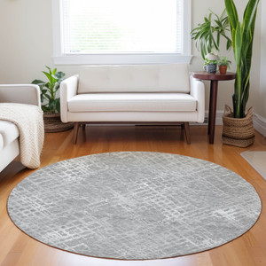 8' Gray And Silver Round Geometric Washable Indoor Outdoor Area Rug