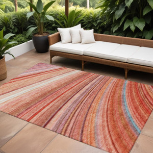 8' X 10' Terra Cotta Salmon And Orange Striped Washable Indoor Outdoor Area Rug