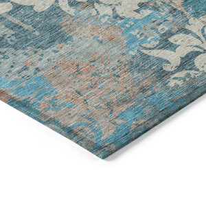 8' X 10' Teal Blue Ivory And Light Brown Damask Washable Indoor Outdoor Area Rug