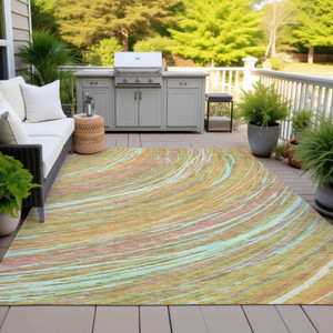 9' X 12' Gold Sky Blue And Coral Abstract Washable Indoor Outdoor Area Rug