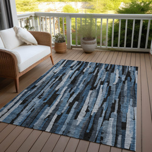 10' X 14' Blue Black And Gray Striped Washable Indoor Outdoor Area Rug - Blue, Black, Gray