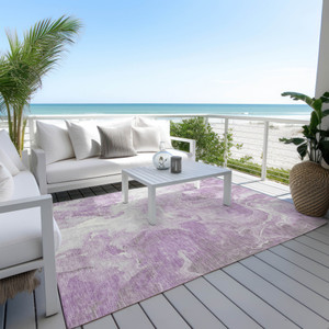 9' X 12' Lavender And Ivory Abstract Washable Indoor Outdoor Area Rug - Lavender, Ivory