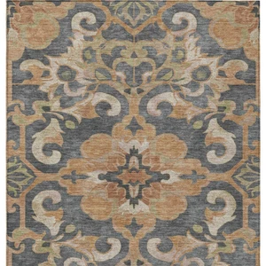 8' X 10' Terra Cotta And Charcoal Damask Washable Indoor Outdoor Area Rug - Terra Cotta, Charcoal
