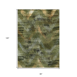 8' X 10' Olive Green And Gold Abstract Washable Indoor Outdoor Area Rug