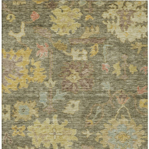 8' X 10' Artichoke Green Coral And Brown Floral Washable Indoor Outdoor Area Rug