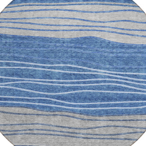 8' Navy Blue And Gray Round Striped Washable Indoor Outdoor Area Rug