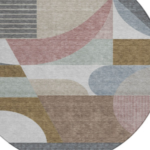 8' Brown Ivory And Mauve Round Geometric Washable Indoor Outdoor Area Rug