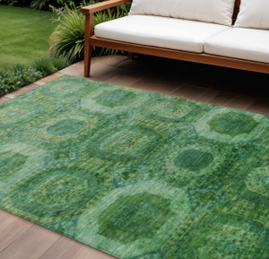 8' X 10' Emerald And Green Medallion Washable Indoor Outdoor Area Rug