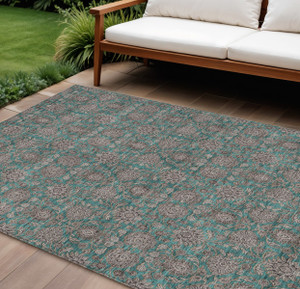 9' X 12' Teal Blue Beige And Taupe Floral Washable Indoor Outdoor Area Rug