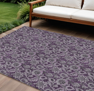 10' X 14' Eggplant Purple And Lilac Floral Washable Indoor Outdoor Area Rug