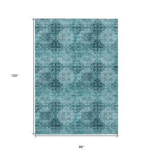 8' X 10' Teal Floral Medallion Washable Non Skid Indoor Outdoor Area Rug