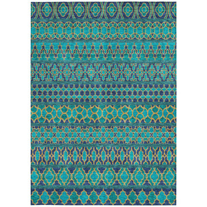 8' X 10' Teal Blue And Navy Blue Quatrefoil Washable Indoor Outdoor Area Rug