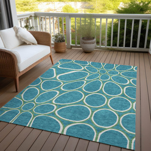 8' X 10' Teal Blue Ivory And Green Abstract Washable Indoor Outdoor Area Rug - 608219001971