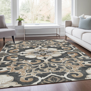 10' X 14' Charcoal And Taupe Damask Washable Indoor Outdoor Area Rug