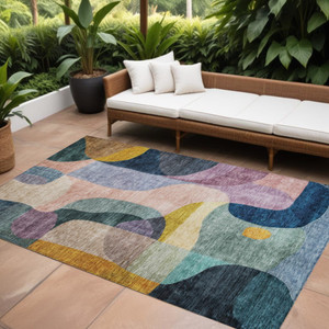 10' X 14' Green Purple And Pink Abstract Washable Indoor Outdoor Area Rug