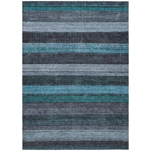 9' X 12' Teal Blue And Gray Striped Washable Indoor Outdoor Area Rug - 880016651478