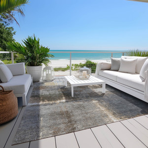 9' X 12' Khaki And Brown Abstract Washable Indoor Outdoor Area Rug - Khaki, Brown