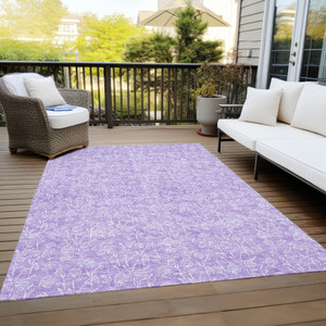 10' X 14' Lilac And Ivory Floral Washable Indoor Outdoor Area Rug