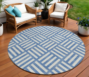 8' Blue And Ivory Round Geometric Washable Indoor Outdoor Area Rug
