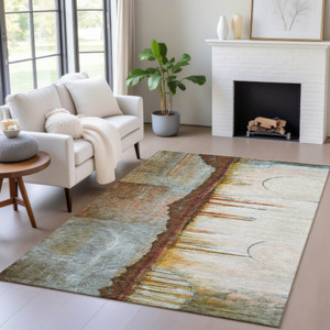 10' X 14' Rust And Beige Abstract Washable Indoor Outdoor Area Rug