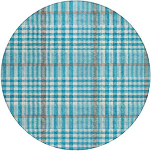 8' Teal Blue Ivory And Brown Round Plaid Washable Indoor Outdoor Area Rug
