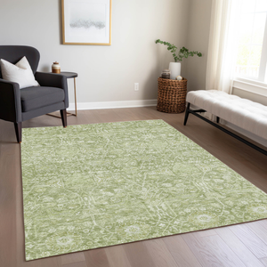 10' X 14' Artichoke Green And Ivory Floral Washable Indoor Outdoor Area Rug
