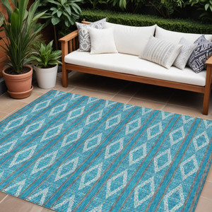 10' X 14' Teal Blue Gray And Ivory Geometric Washable Indoor Outdoor Area Rug