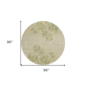 8' Khaki Ivory And Green Round Floral Washable Indoor Outdoor Area Rug
