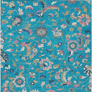 9' X 12' Teal Blue Ivory And Pink Floral Washable Indoor Outdoor Area Rug