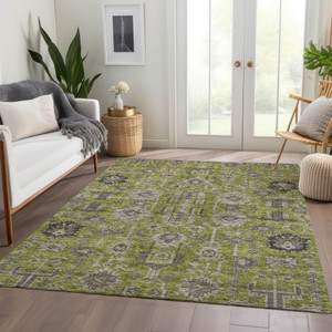 10' X 14' Olive Green Gray And Charcoal Oriental Washable Indoor Outdoor Area Rug