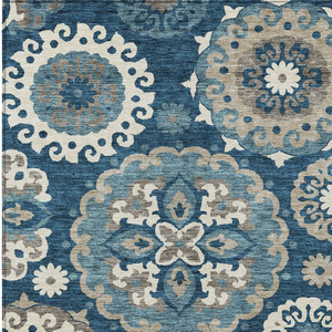 8' X 10' Navy Blue And Taupe Floral Medallion Washable Indoor Outdoor Area Rug