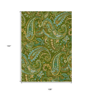 9' X 12' Green Paisley Washable Non Skid Indoor Outdoor Area Rug