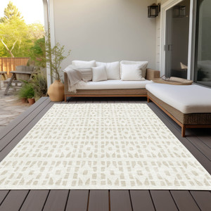 10' X 14' Ivory And Beige Geometric Washable Indoor Outdoor Area Rug Transitional Style - Ivory, Beige Color