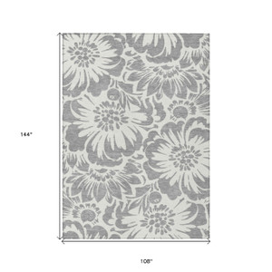 9' X 12' Gray and Ivory Floral Washable Non Skid Indoor Outdoor Area Rug