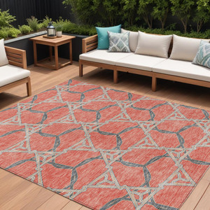 10' X 14' Coral And Taupe Geometric Washable Indoor Outdoor Area Rug