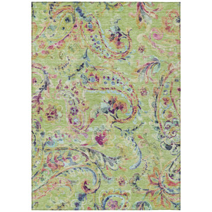 10' X 14' Artichoke Green And Pink Paisley Washable Indoor Outdoor Area Rug