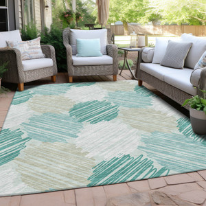 10' X 14' Teal Blue Ivory And Taupe Geometric Washable Indoor Outdoor Area Rug