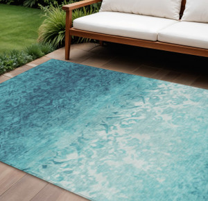 9' X 12' Teal Blue And Ivory Damask Washable Indoor Outdoor Area Rug