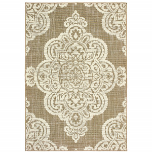 8' X 11' Tan Oriental Stain Resistant Indoor Outdoor Area Rug - 606114582717