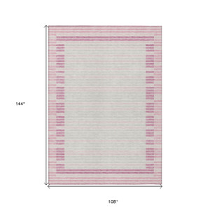9' X 12' Pink And Ivory Striped Washable Indoor Outdoor Area Rug Transitional Style - Pink, Ivory Color