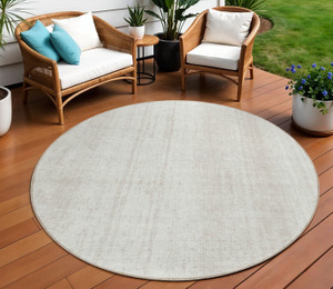 8' Ivory And Beige Round Striped Washable Indoor Outdoor Area Rug Transitional Style - Ivory, Beige Color