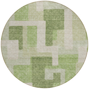 8' Green Sage And Beige Round Geometric Washable Indoor Outdoor Area Rug